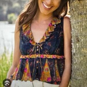 Natural Life Sierra Sleeveless Mesh Top Sheer Button Front  Navy Mustard Floral